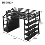 Metall-Hochbett in voller Größe mit Treppe, Ablageregalen, Kleiderschrank und Schränken, Schwarz