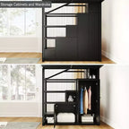 Metall-Hochbett in voller Größe mit Treppe, Ablageregalen, Kleiderschrank und Schränken, Schwarz