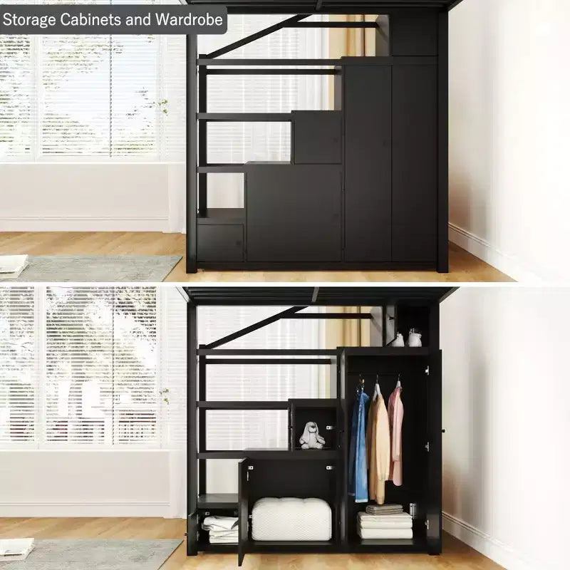Full Size Metal Loft Bed with Stairway, Storage Shelves, Wardrobe & Cabinets, Black