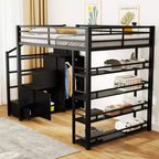 Metall-Hochbett in voller Größe mit Treppe, Ablageregalen, Kleiderschrank und Schränken, Schwarz