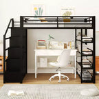 Metall-Hochbett in voller Größe mit Treppe, Ablageregalen, Kleiderschrank und Schränken, Schwarz