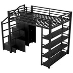 Metall-Hochbett in voller Größe mit Treppe, Ablageregalen, Kleiderschrank und Schränken, Schwarz