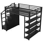 Metall-Hochbett in voller Größe mit Treppe, Ablageregalen, Kleiderschrank und Schränken, Schwarz