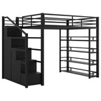 Metall-Hochbett in voller Größe mit Treppe, Ablageregalen, Kleiderschrank und Schränken, Schwarz