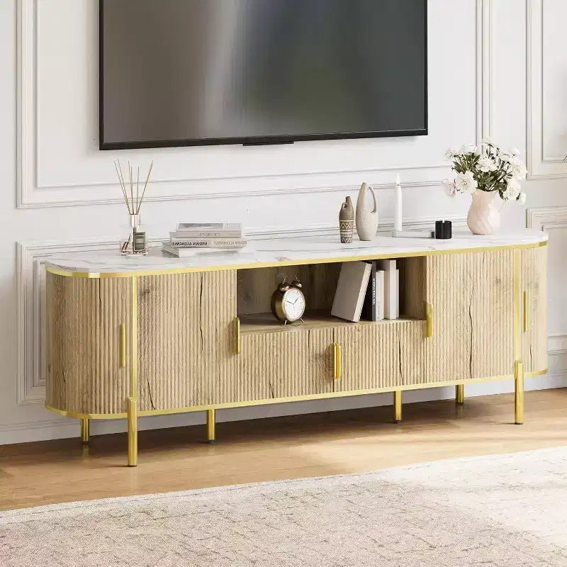 70" Fluted TV Stand with Faux Marble Top & Sliding Doors, Fits TVs up to 80"