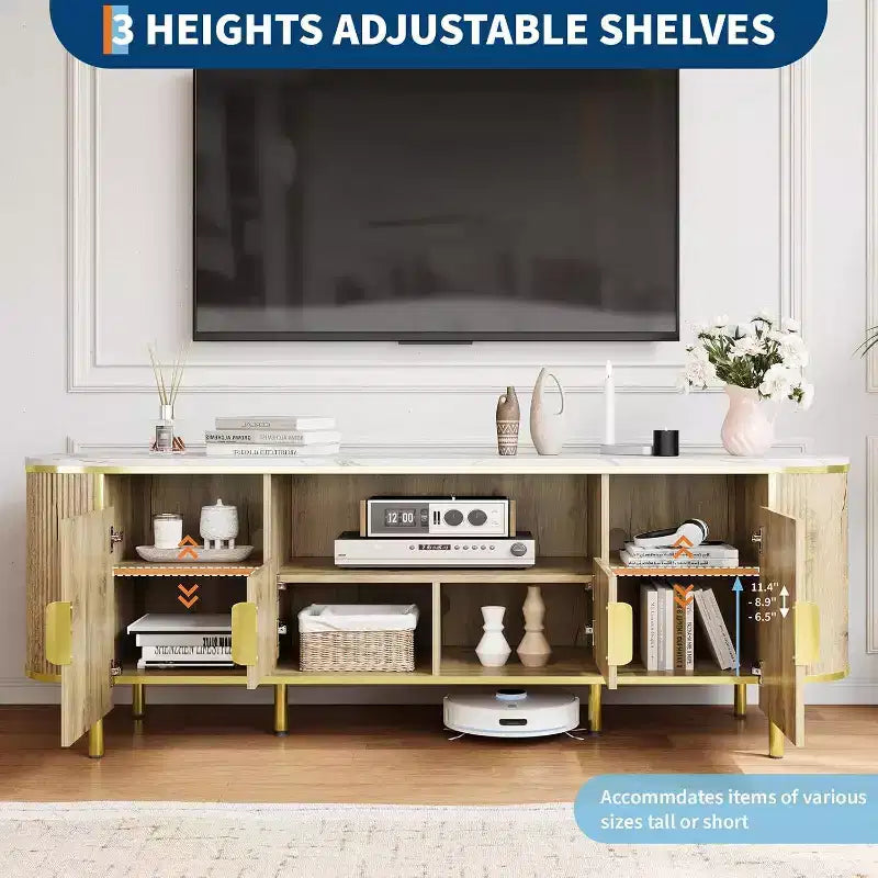 70" Fluted TV Stand with Faux Marble Top & Sliding Doors, Fits TVs up to 80"