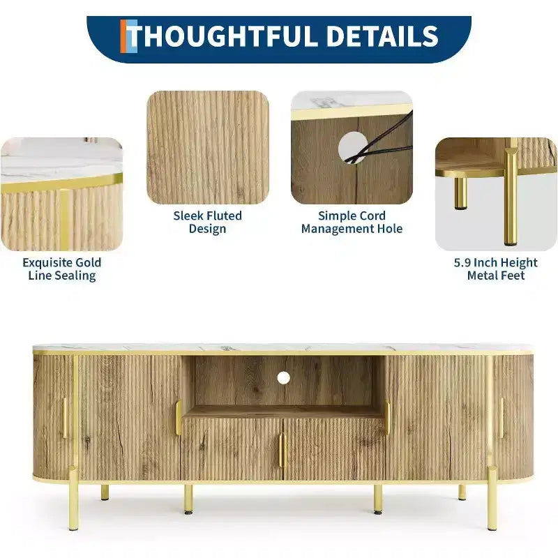 70" Fluted TV Stand with Faux Marble Top & Sliding Doors, Fits TVs up to 80"
