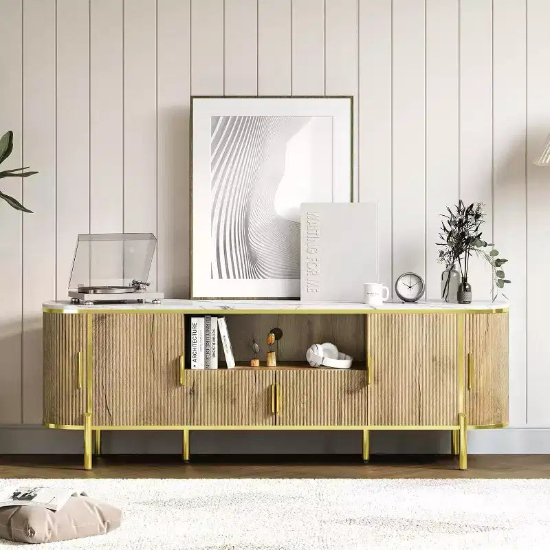 70" Fluted TV Stand with Faux Marble Top & Sliding Doors, Fits TVs up to 80"