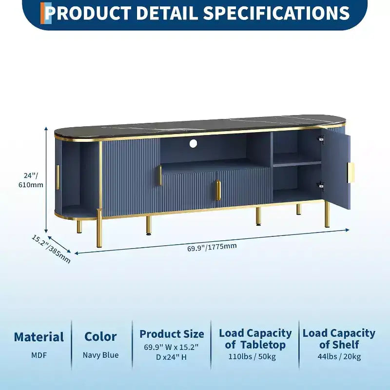 70" Fluted TV Stand with Faux Marble Top & Sliding Doors, Fits TVs up to 80"