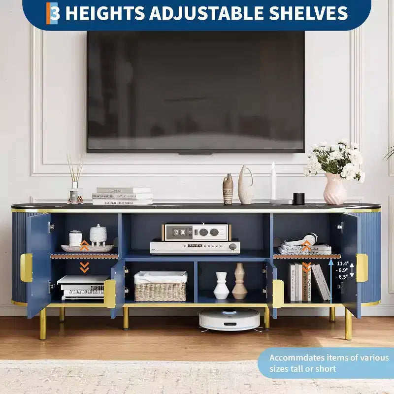 70" Fluted TV Stand with Faux Marble Top & Sliding Doors, Fits TVs up to 80"