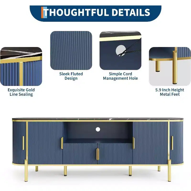 70" Fluted TV Stand with Faux Marble Top & Sliding Doors, Fits TVs up to 80"