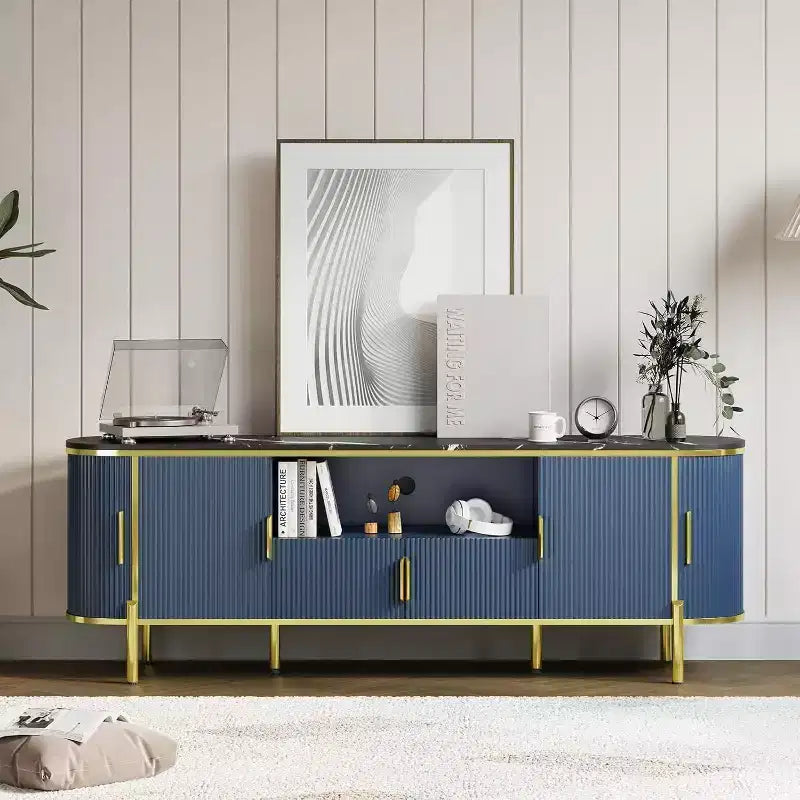 70" Fluted TV Stand with Faux Marble Top & Sliding Doors, Fits TVs up to 80"