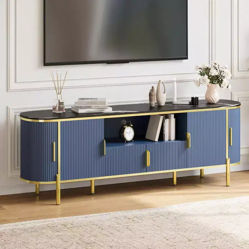 70" Fluted TV Stand with Faux Marble Top & Sliding Doors, Fits TVs up to 80"