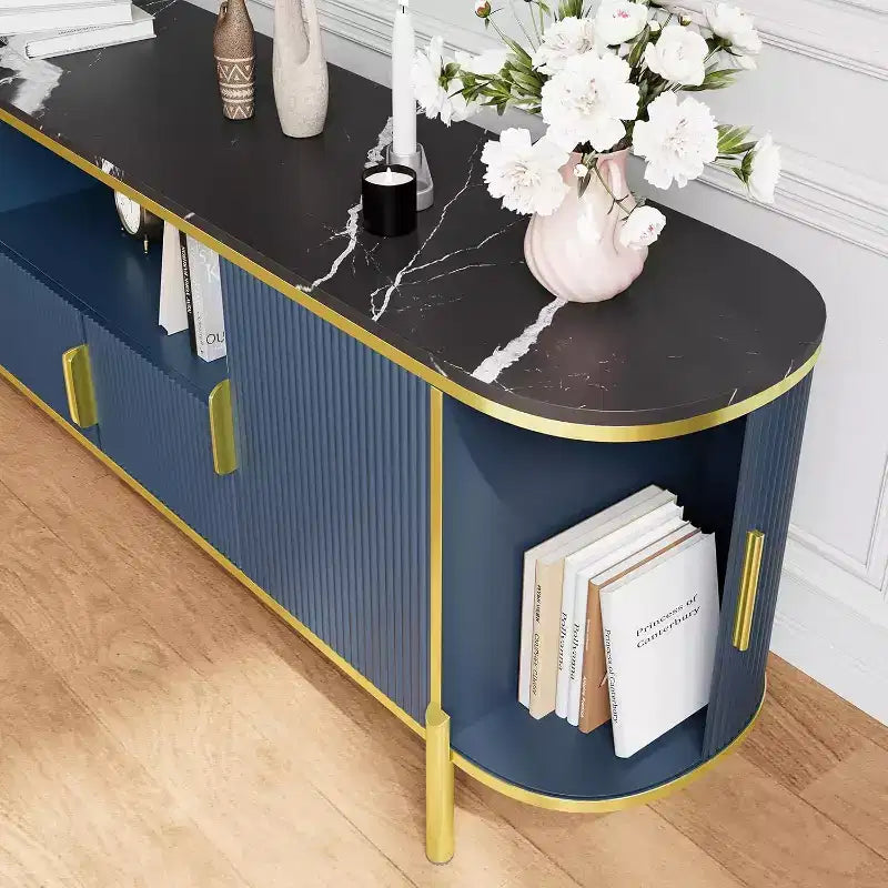 70" Fluted TV Stand with Faux Marble Top & Sliding Doors, Fits TVs up to 80"