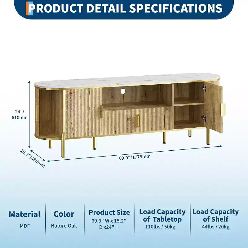 70" Fluted TV Stand with Faux Marble Top & Sliding Doors, Fits TVs up to 80"