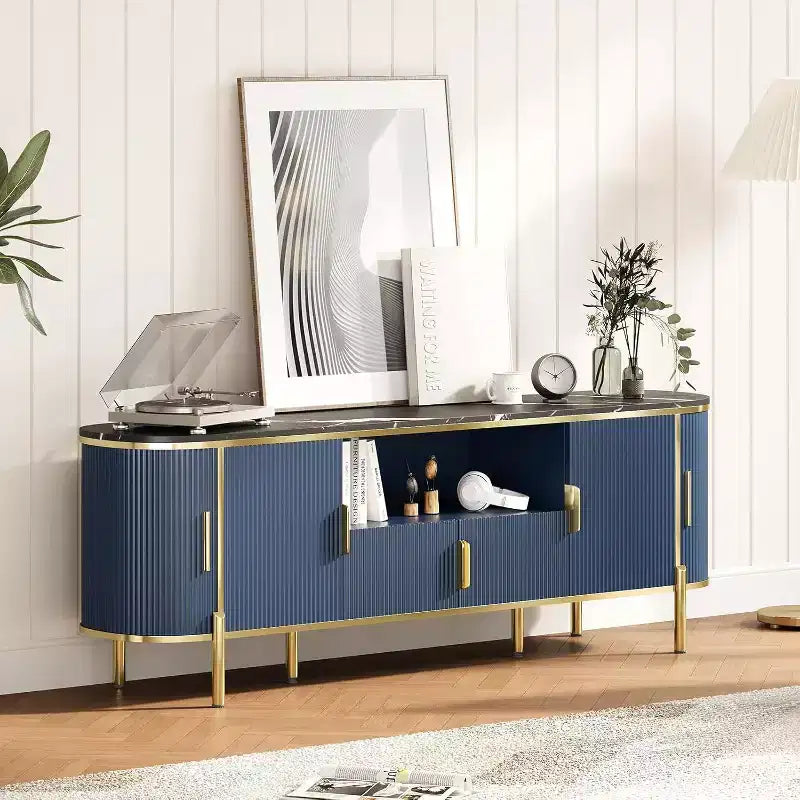 Acekool 70 Fluted TV Stand with Faux Marble Top, Adjustable Shelves & Sliding Doors, Media Console for TVs up to 80, Navy Blue