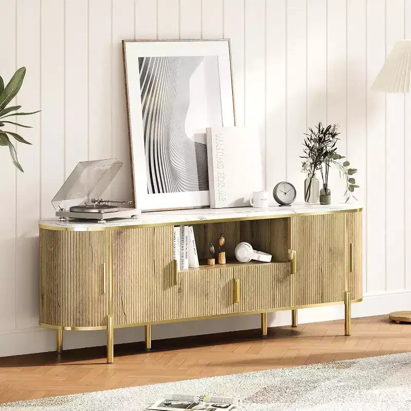 70" Fluted TV Stand with Faux Marble Top & Sliding Doors, Fits TVs up to 80"