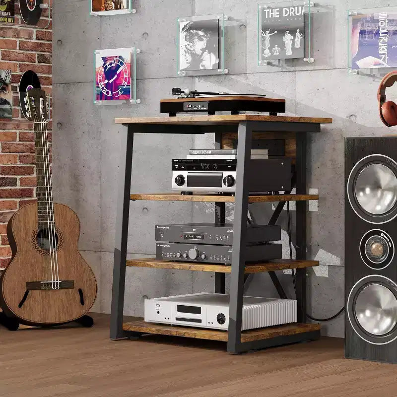 4-Tier AV Media Stand with Power Outlet & Adjustable Shelves, Corner TV Console
