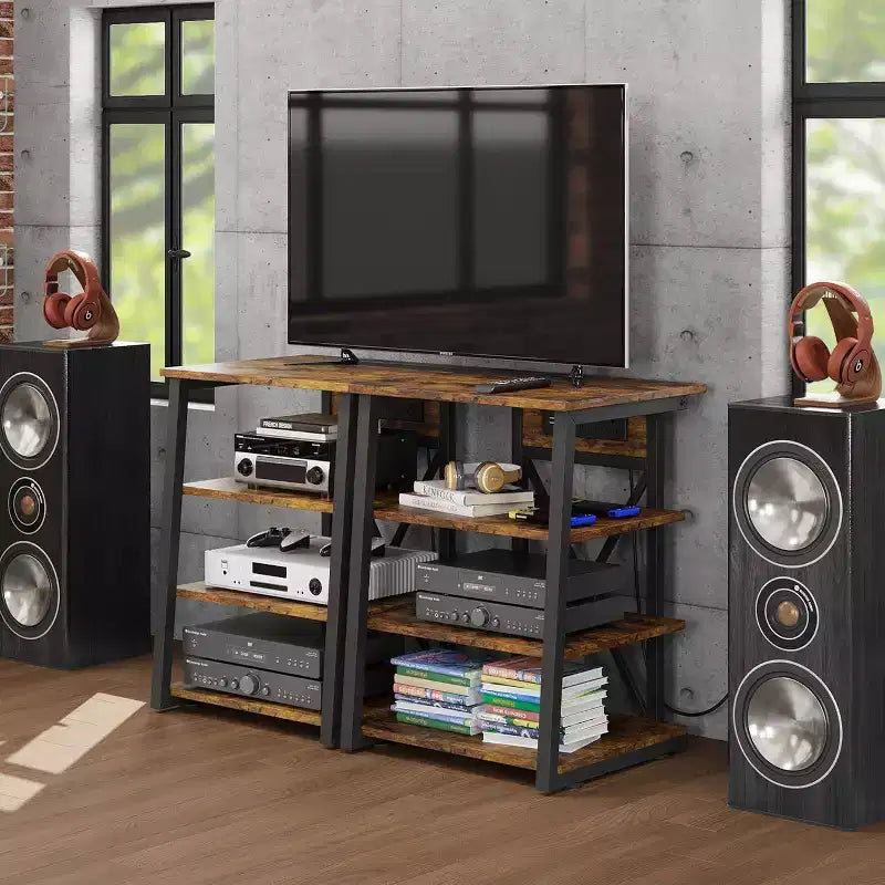 4-Tier AV Media Stand with Power Outlet & Adjustable Shelves, Corner TV Console