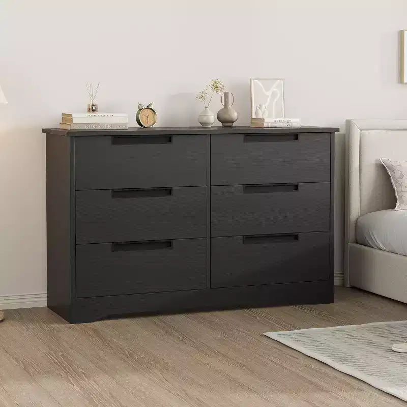 6-Drawer Wooden Dresser with Handles, Black, for Bedroom & Living Room