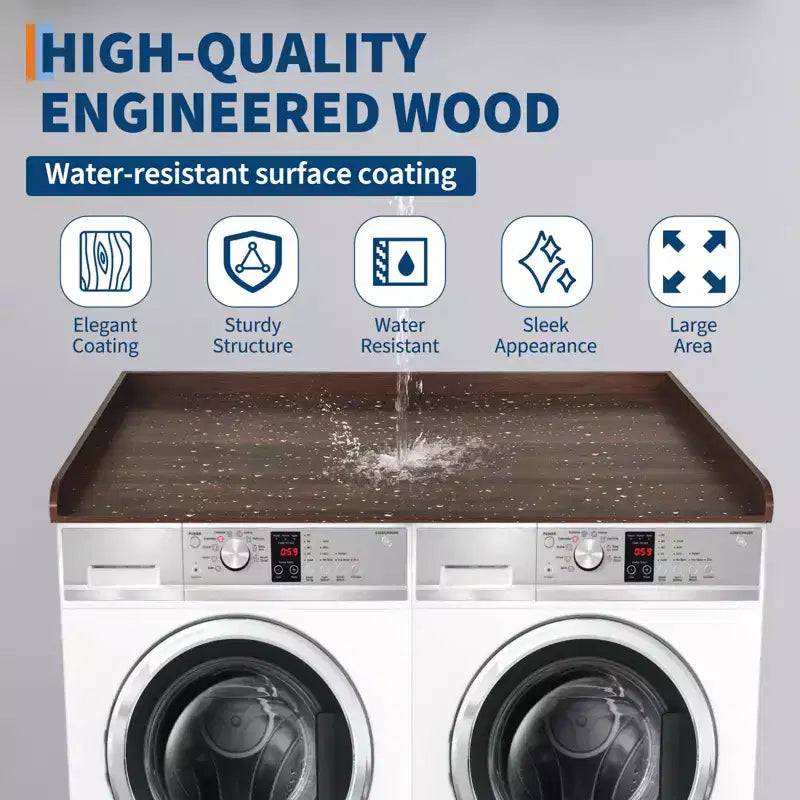 Walnut Wood Laundry Countertop & Washer/Dryer Cover with 2.75" Edge Rails