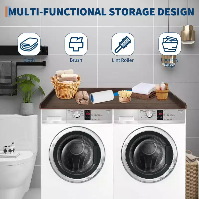 Walnut Wood Laundry Countertop & Washer/Dryer Cover with 2.75" Edge Rails
