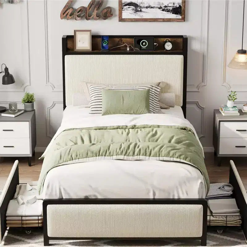 Twin Platform Bed Frame with 2 Storage Drawers, Shelf & Charging Station