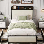 Twin Platform Bed Frame with 2 Storage Drawers, Shelf & Charging Station