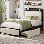 Twin Platform Bed Frame with 2 Storage Drawers, Shelf & Charging Station