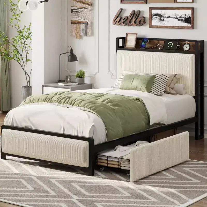 Velvet Twin Size Bed Frame with 2 Storage Drawers, Shelf and Charging Station, Rustic Upholstered Platform Bedframe, No Box Spring Needed, Noise Free