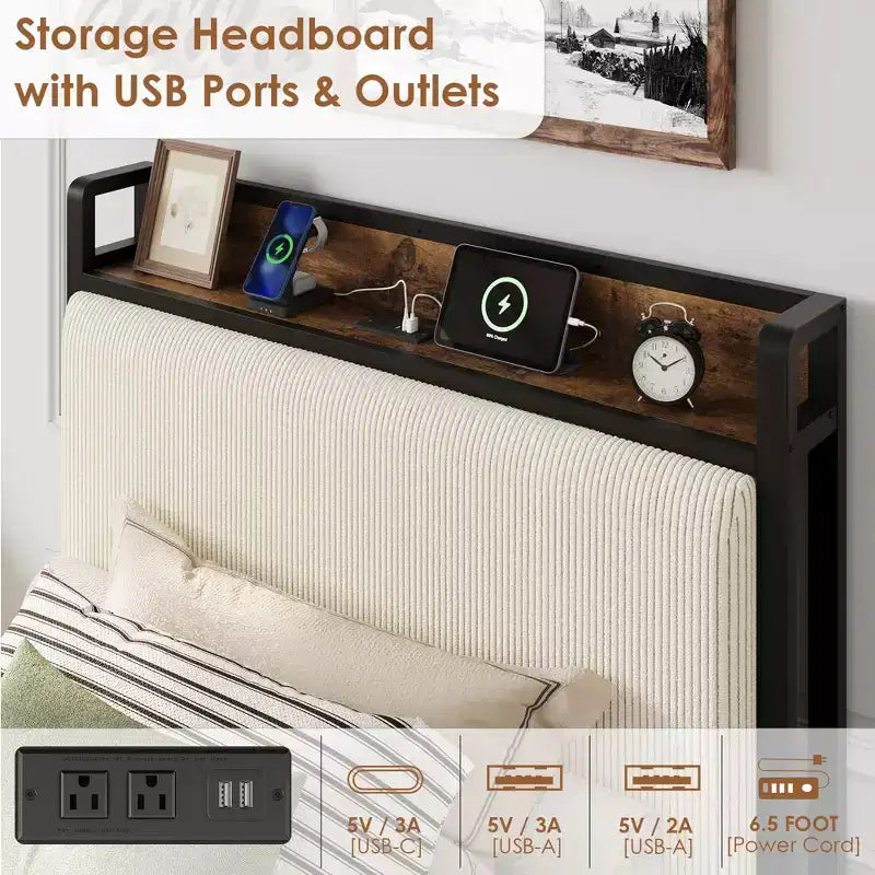 Velvet Twin Size Bed Frame with 2 Storage Drawers, Shelf and Charging Station, Rustic Upholstered Platform Bedframe, No Box Spring Needed, Noise Free