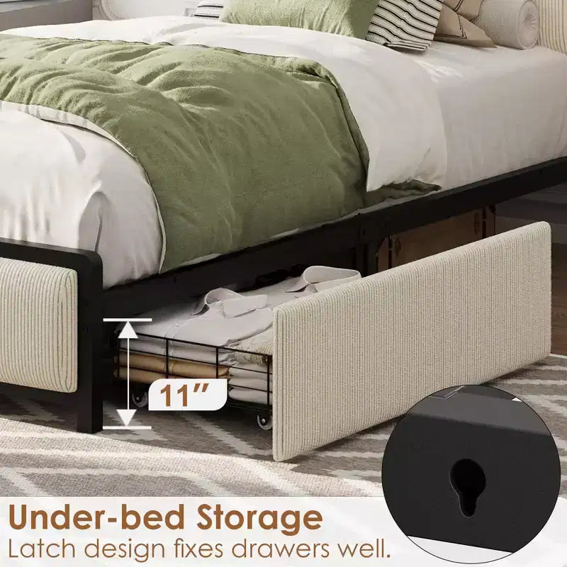 Twin Platform Bed Frame with 2 Storage Drawers, Shelf & Charging Station