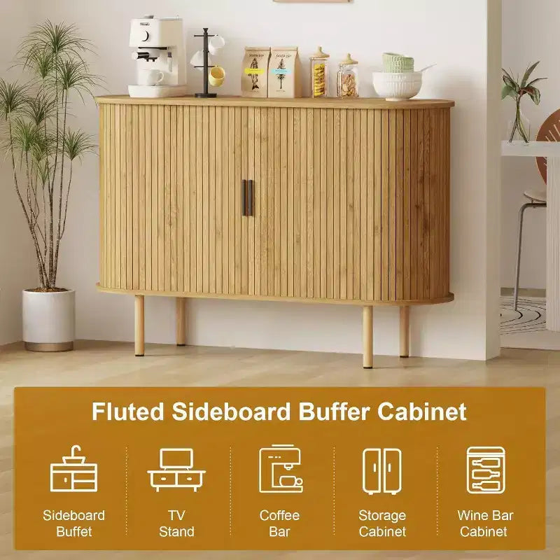 47" Fluted Storage Cabinet with Sliding Doors & Adjustable Shelves