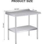 Stainless Steel Prep Table with Backsplash & Adjustable Shelf, 36x24