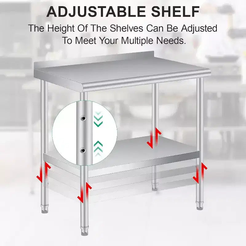 Stainless Steel Prep Table with Backsplash & Adjustable Shelf, 36x24