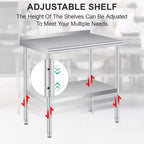 Stainless Steel Prep Table with Backsplash & Adjustable Shelf, 36x24