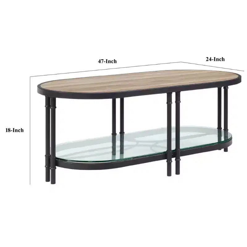 47" Oblong Wood Coffee Table, Industrial Design, Oak Finish