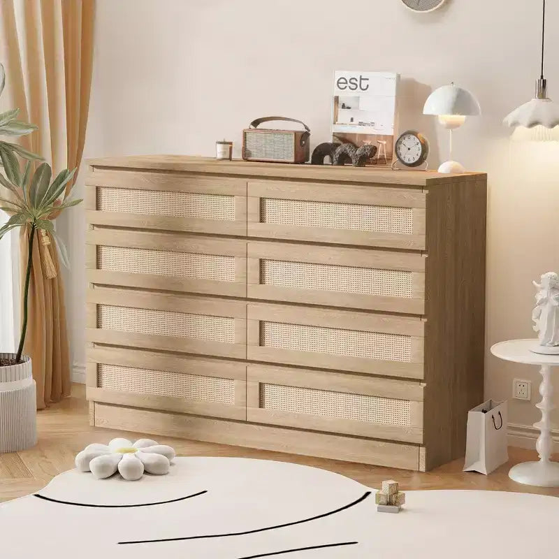 Rattan 8-Drawer Double Dresser with Smooth Metal Slides, Modern Wood Storage