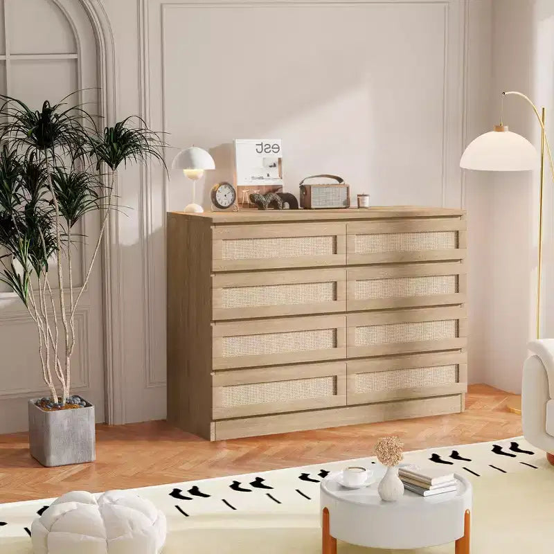 Rattan 8-Drawer Double Dresser with Smooth Metal Slides, Modern Wood Storage