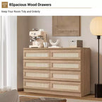 Rattan 8-Drawer Double Dresser with Smooth Metal Slides, Modern Wood Storage