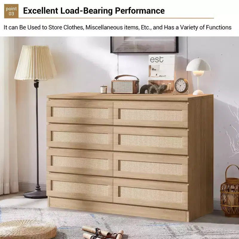 Rattan 8-Drawer Double Dresser with Smooth Metal Slides, Modern Wood Storage