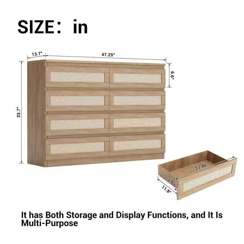 Rattan 8-Drawer Double Dresser with Smooth Metal Slides, Modern Wood Storage
