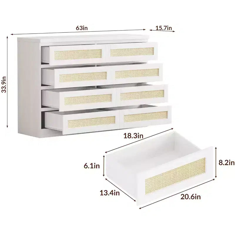 Rattan 8-Drawer Double Dresser with Smooth Metal Slides, Modern Wood Storage