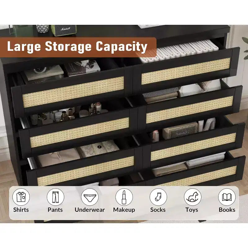 Rattan 8-Drawer Double Dresser with Smooth Metal Slides, Modern Wood Storage