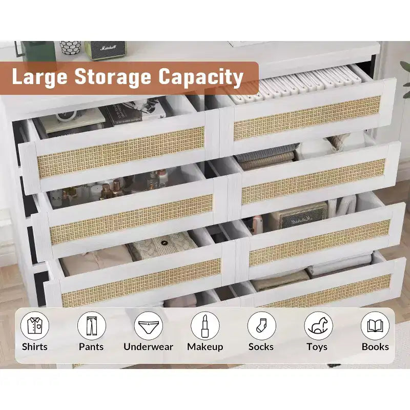 Rattan 8-Drawer Double Dresser with Smooth Metal Slides, Modern Wood Storage