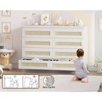 Rattan 8-Drawer Double Dresser with Smooth Metal Slides, Modern Wood Storage