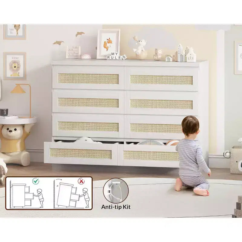 Rattan 8-Drawer Double Dresser with Smooth Metal Slides, Modern Wood Storage