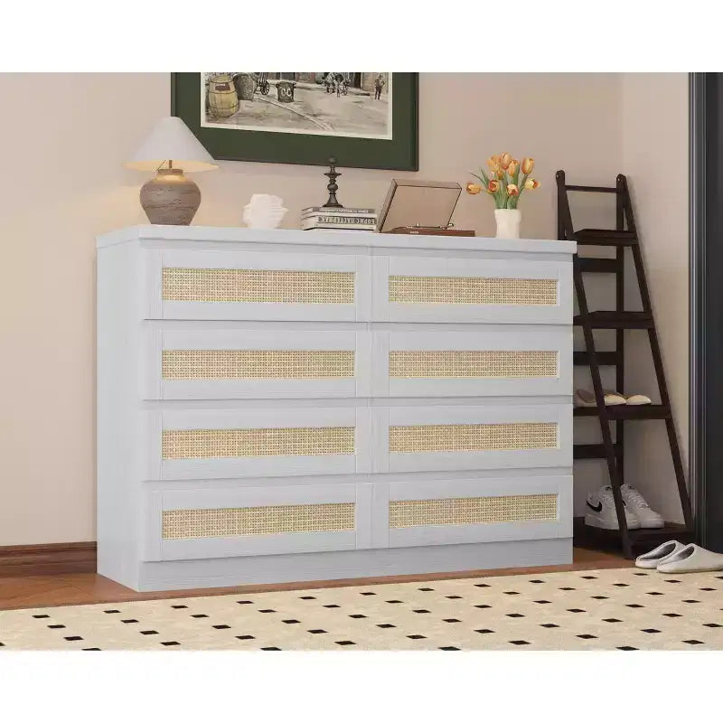 Rattan 8-Drawer Double Dresser with Smooth Metal Slides, Modern Wood Storage