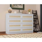 Rattan 8-Drawer Double Dresser with Smooth Metal Slides, Modern Wood Storage