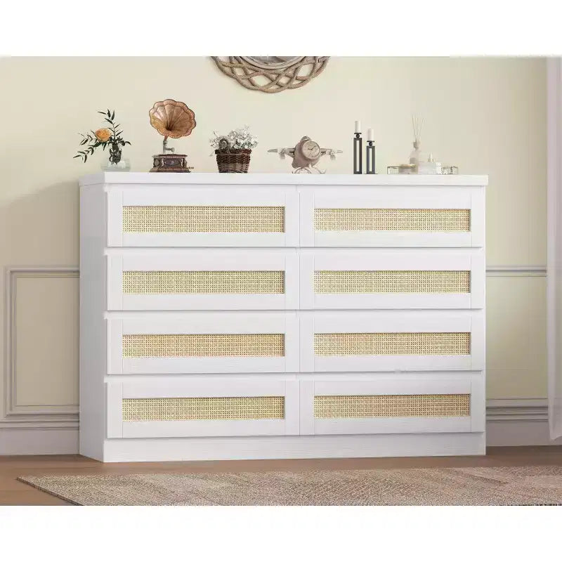 Rattan 8-Drawer Double Dresser with Smooth Metal Slides, Modern Wood Storage